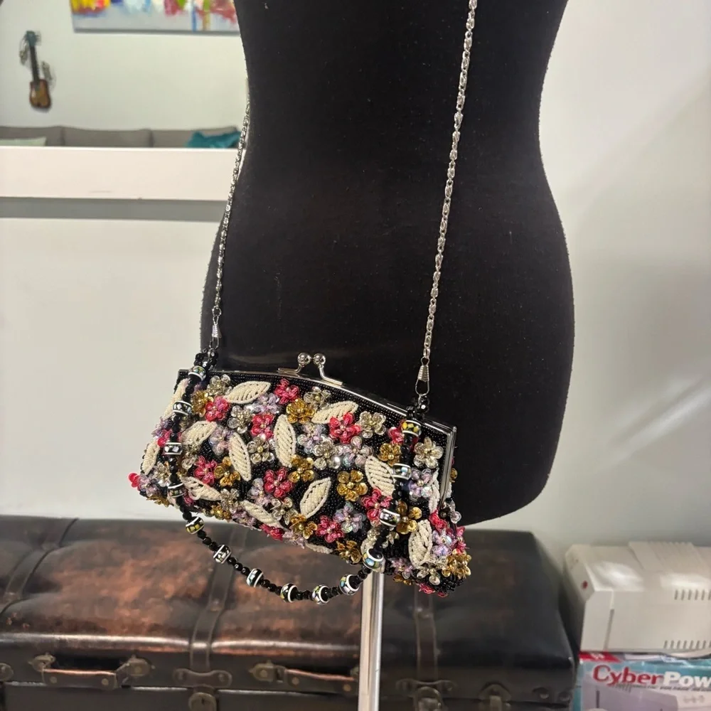 Vintage❤️Hand-Beaded Floral Hand/Crossbody Evening Bag - Picture 7 of 8